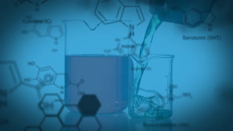 Animation-of-molecule-structures-over-liquid-falling-in-laboratory-flask-against-blue-background