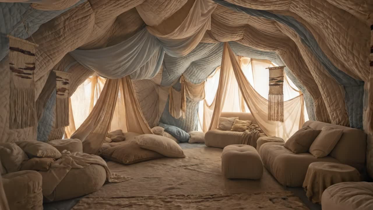 Interno di tenda bohémien caldo e accogliente con morbidi cuscini