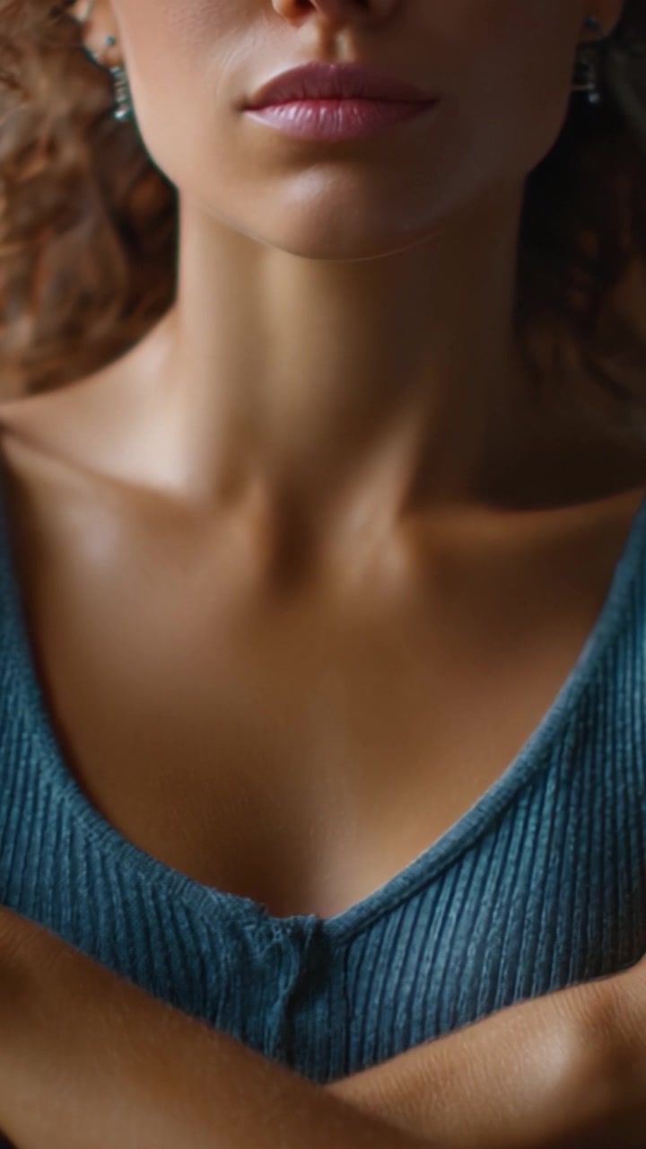Primo piano del viso di una donna, che enfatizza il suo collo e le sue spalle, catturando bellezza naturale e compostezza in una luce morbida ed elegante con un'espressione calma.