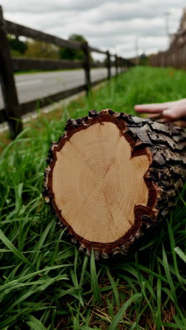tree stump on grass by a road and fence