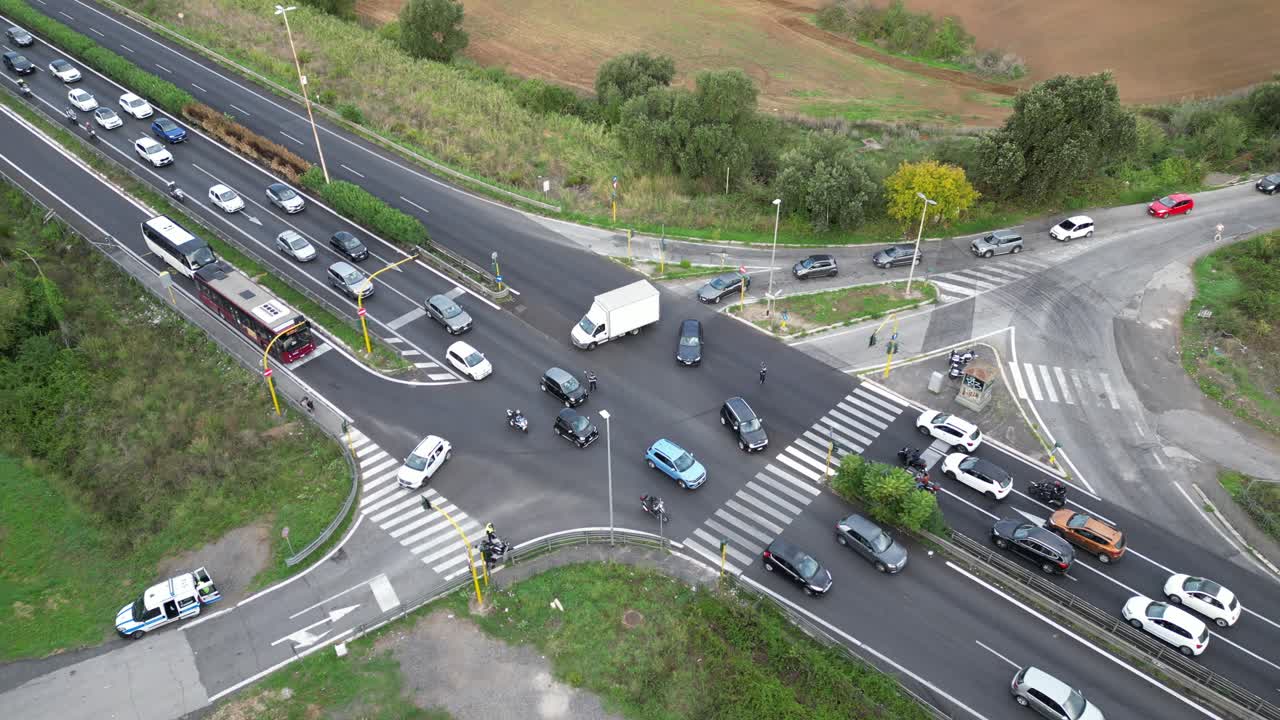 Aerial View of Traffic Accident and Congestion at a Busy Intersection
