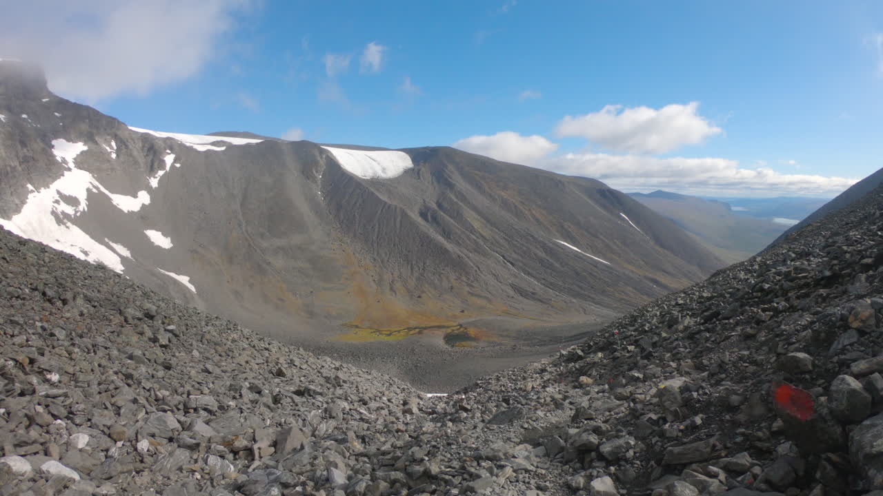 Wide shot of mountains at the big mountain Kebnekaise in the Northern Sweden.