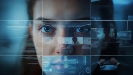 emotional connection and technological insight: a journey through the eyes of a young woman amidst a high-tech digital landscape