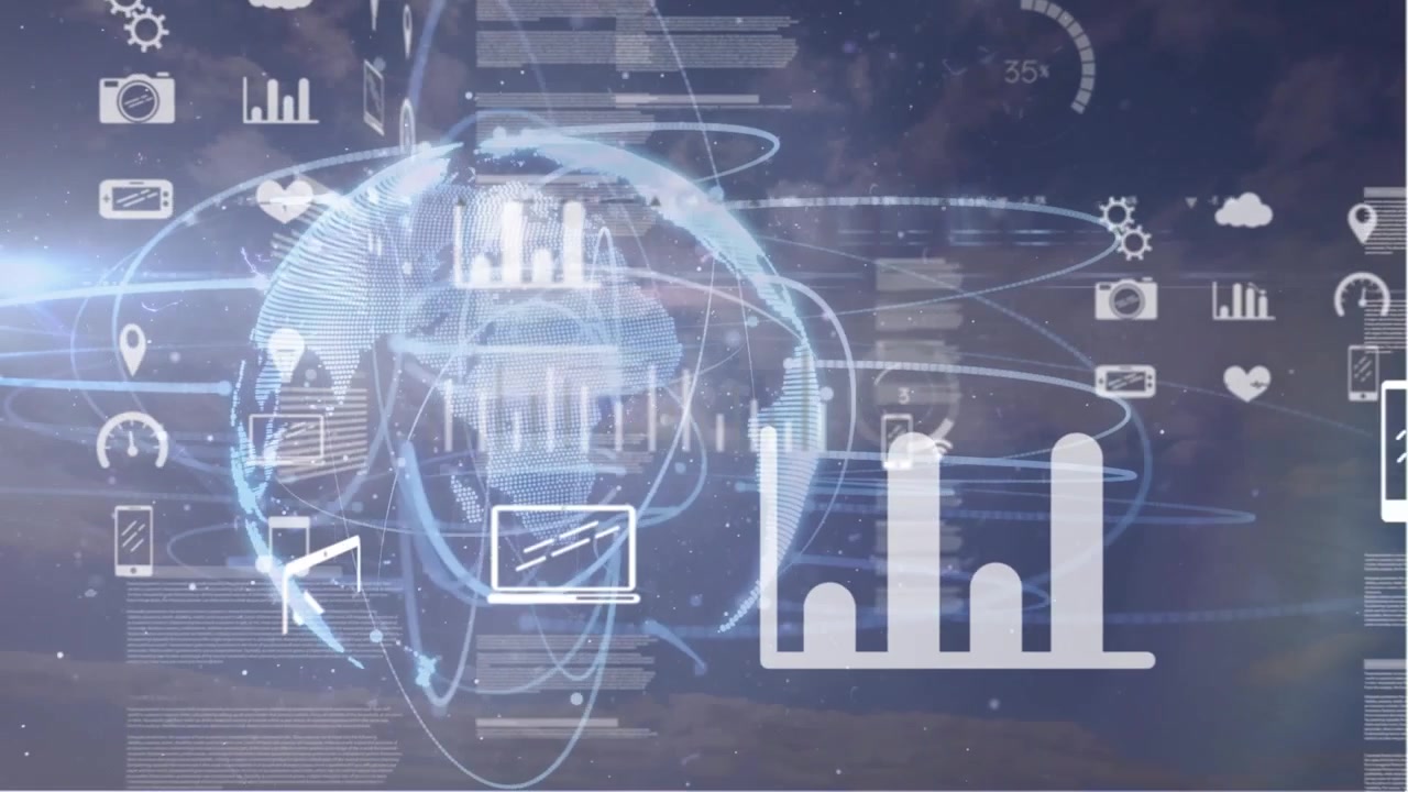 Animation of data processing with icons over globe on black background