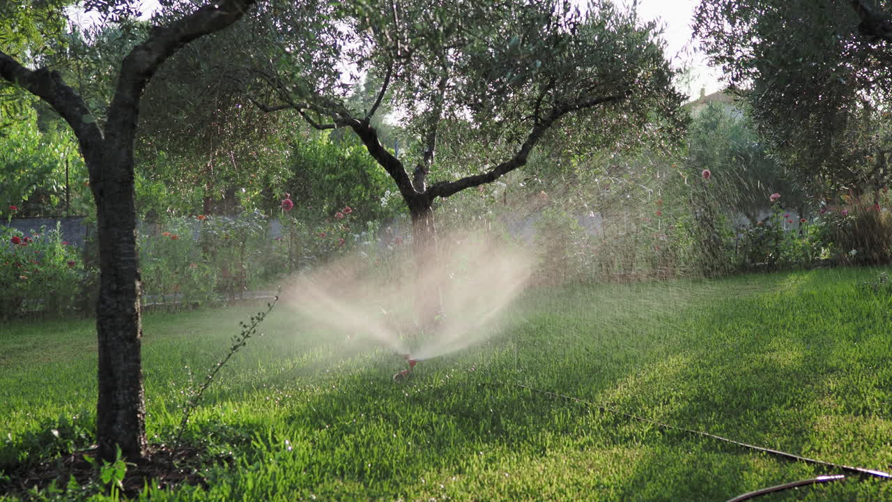 A sprinkler system watering a lush green lawn in a garden