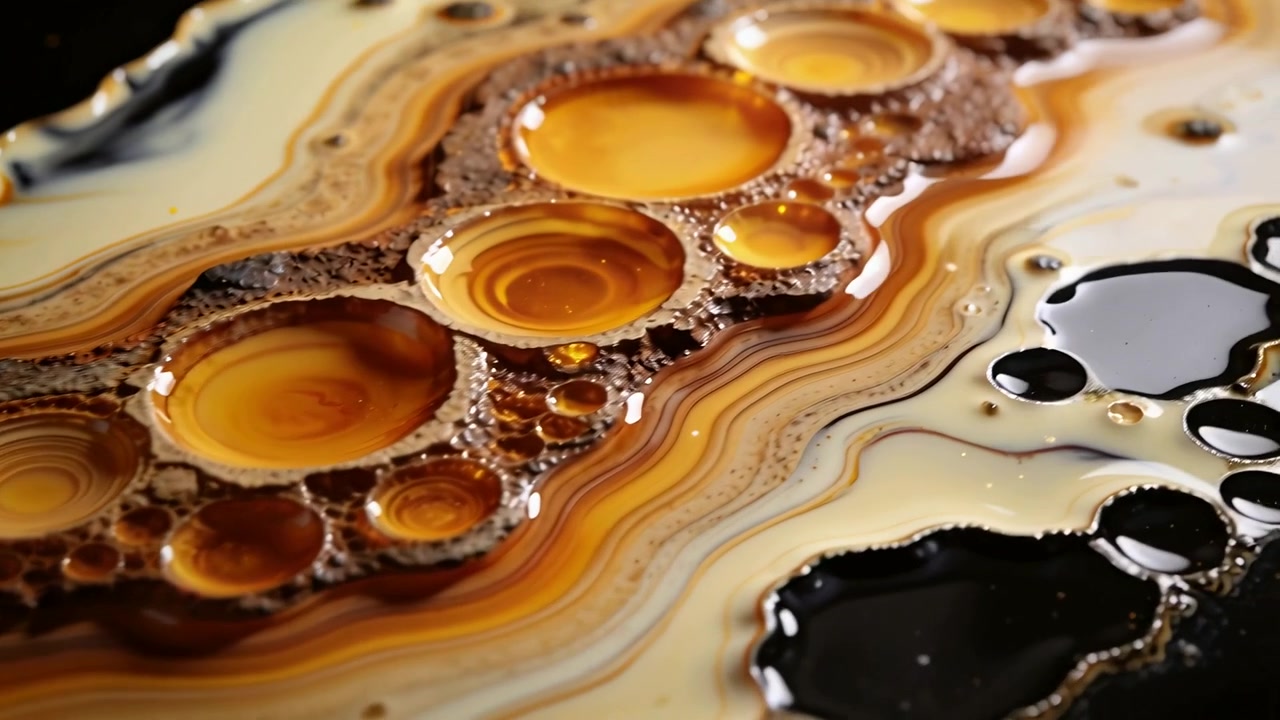 Shifting liquid assembly forming nested amber pools and merging droplets on studio tray