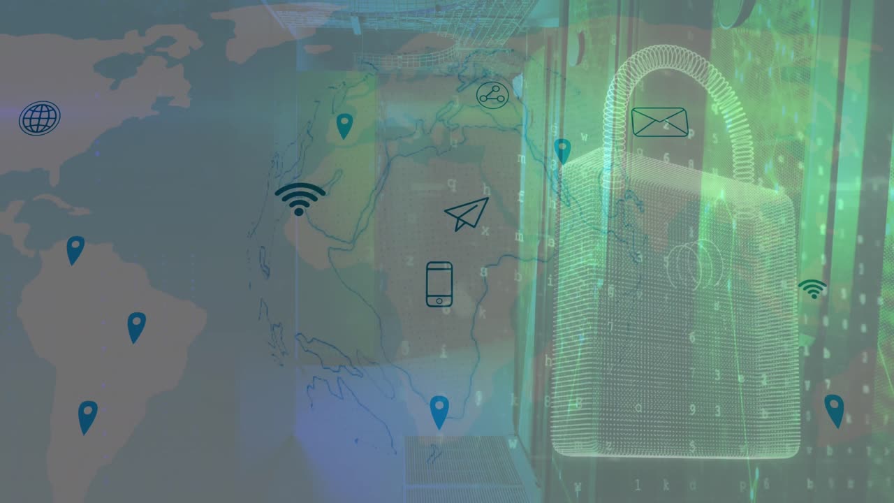 animación del procesamiento de datos y el candado sobre la sala del servidor