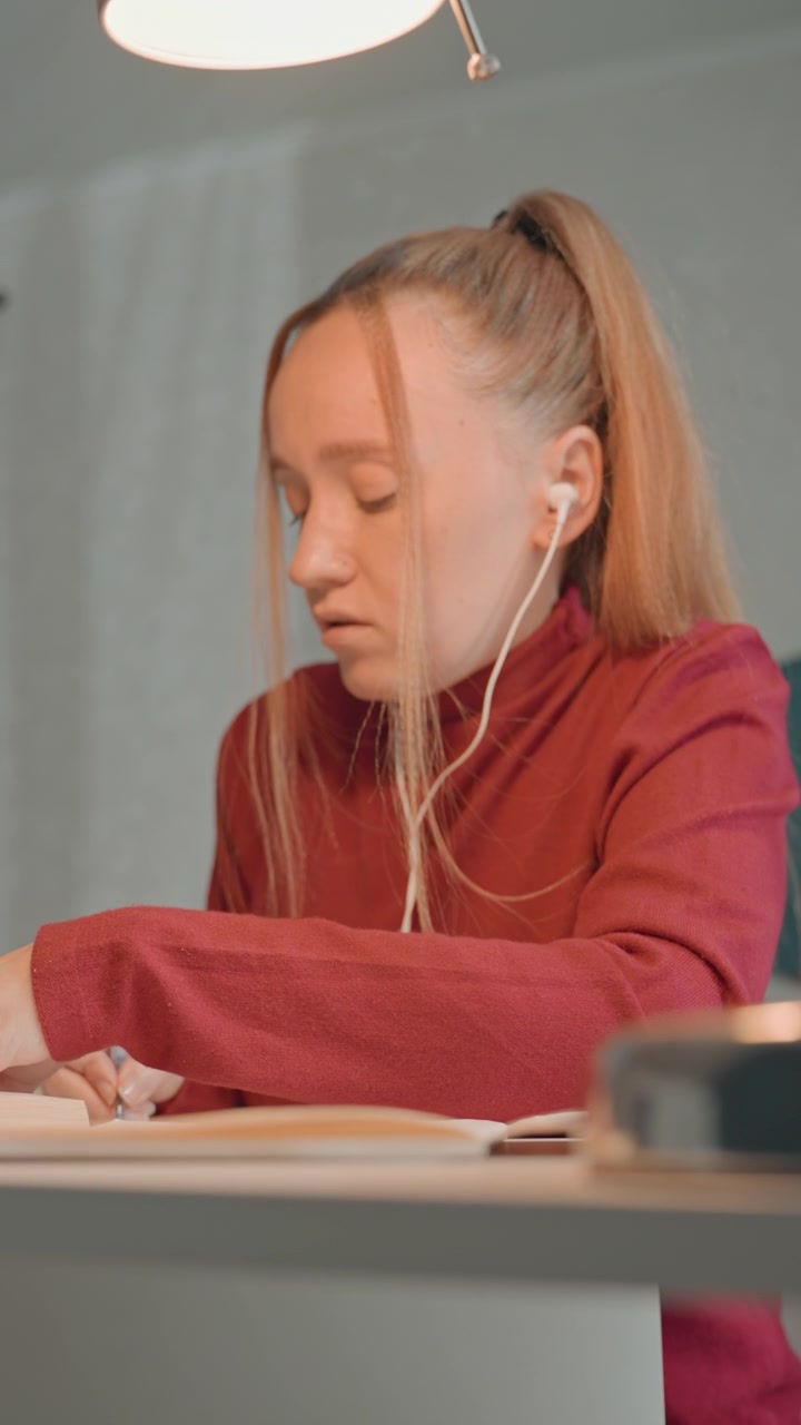 Young woman with long hair in ponytail wearing. Desk has open book and wooden board lamp hangs above her head. Plain gray wall background with soft lighting throughout