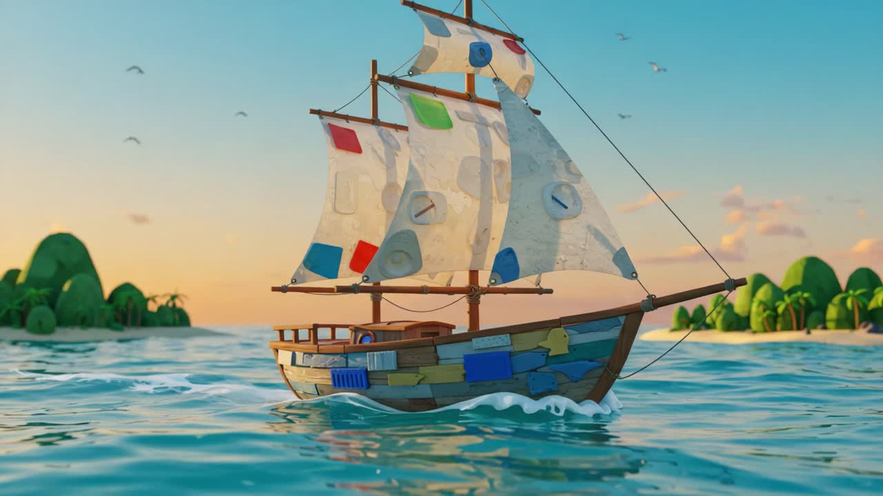 A Vibrant Sailing Ship Glistening in the Sunlight Amidst Calm Waters Surrounded by Lush Green Islands, Depicting a Serene Adventure on the Open Sea