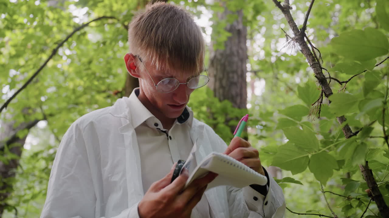 Ecologist in white coat stands in forest writing notes in jotter with pen, documenting natural surroundings and conducting field research among lush greenery and dense foliage for ecological study