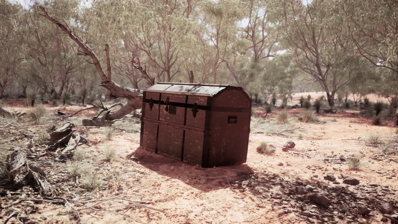 모래 해변 에 있는 폐쇄 된 나무 보물 상자