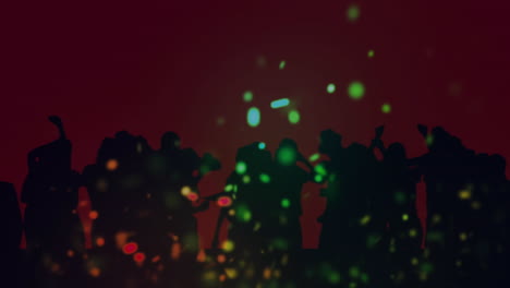 animación de puntos coloridos de luz sobre la multitud bailando con fondo rojo