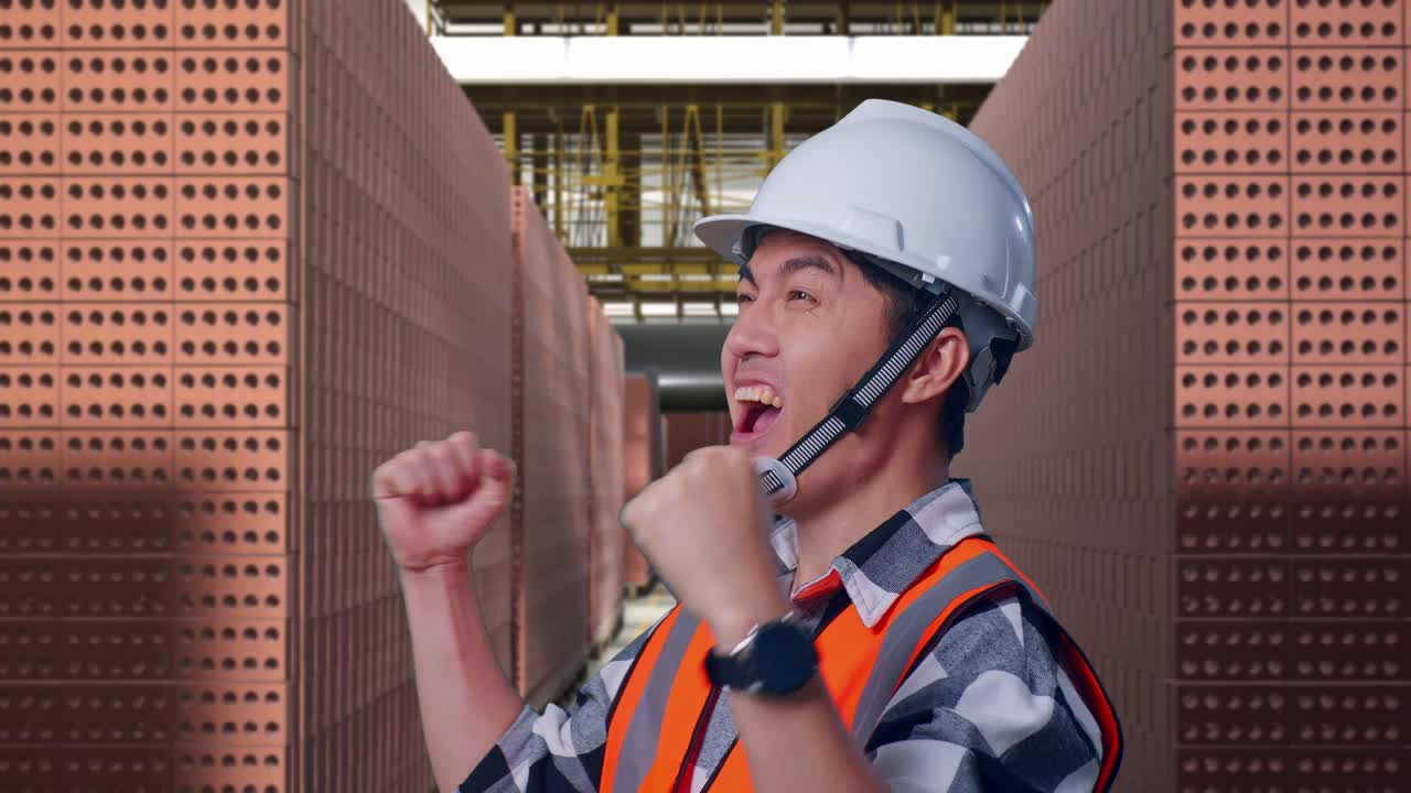 Close Up Of Side View Of Asian Male Engineer With Safety Helmet Screaming Goal Celebrating Working With Red Brick Packed in Stacks Are Stored