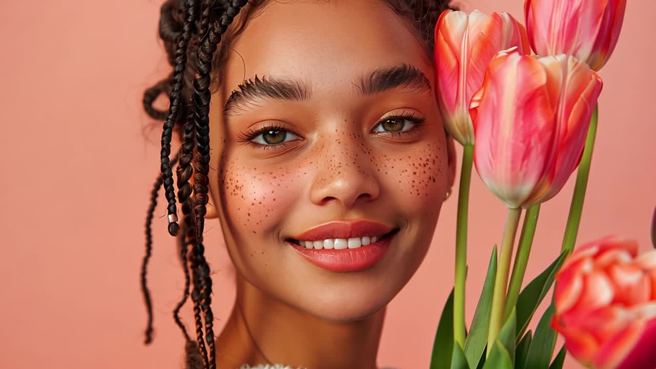 Smiling Woman with Freckles and Braids Holding Tulips