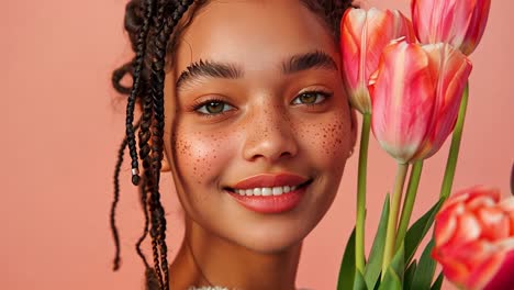 smiling woman with freckles and braids holding tulips