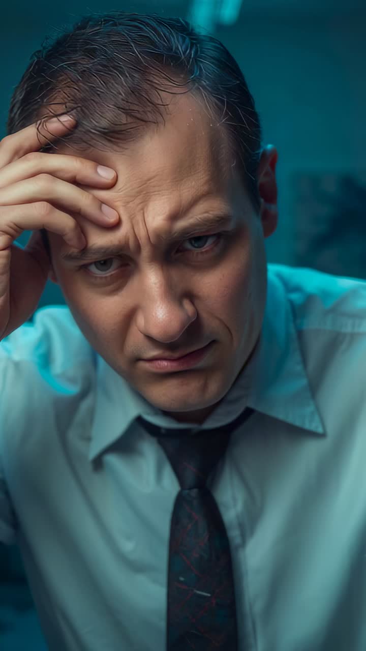 Video verticale: un uomo in camicia, con la mano destra sulla fronte, guarda la scrivania con aria stressata e con la cravatta allentata