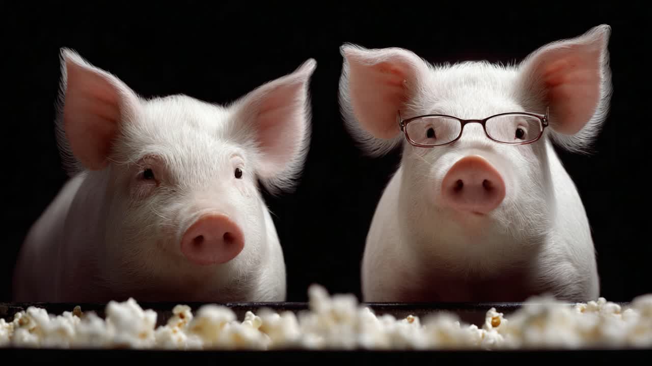 Two Adorable Pigs with Unique Personalities Enjoying Popcorn Together in a Playful Setting, Captured in Beautiful Detail Against a Dark Background