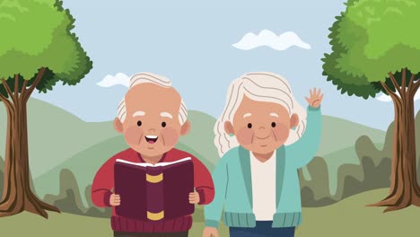 una pareja de ancianos estudiando lectura de libros de animación