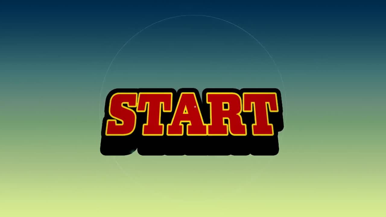 Animation of red text start, over explosion and pulsating white rings, on yellow and blue background