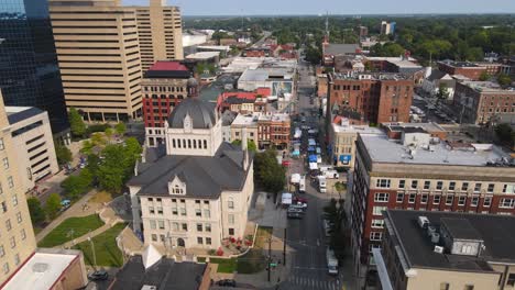 aerial view of a city downtown with a market
