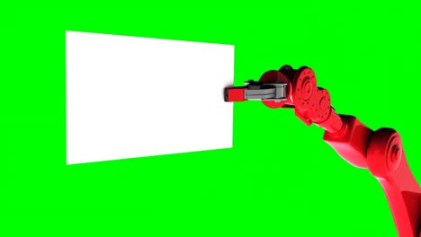 Vídeo-Generado-Digitalmente-De-Un-Brazo-Robótico-Rojo-Sosteniendo-Una-Tarjeta-En-Blanco