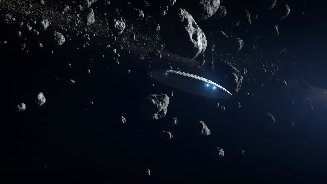 Navicella spaziale che si districa attraverso un campo di asteroidi, illuminazione blu fredda, detriti rocciosi sparsi, propulsori incandescenti, lento.