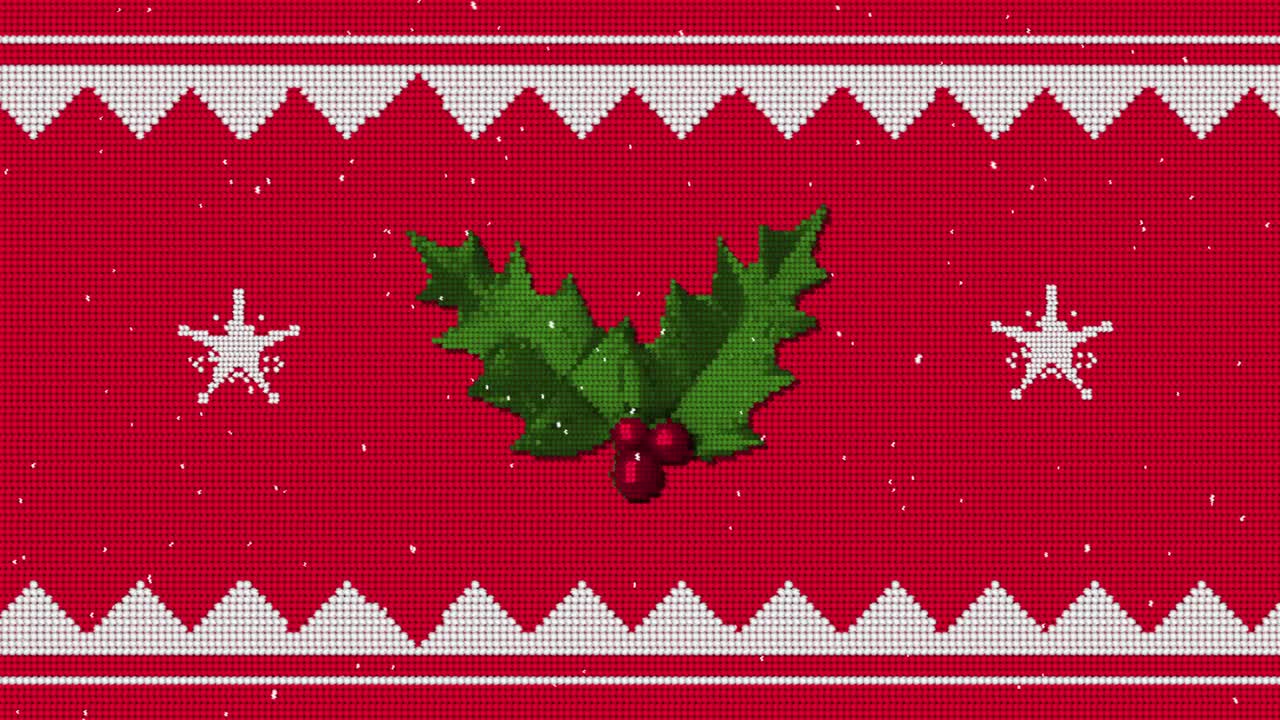patrón tradicional de navidad con rama de acebo y estrellas moviéndose contra un fondo rojo