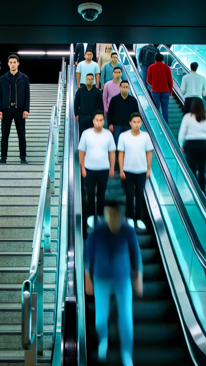 Video vertikal: Eskalator utama dipenuhi, penumpang berurutan muncul dari atas metro untuk keluar.