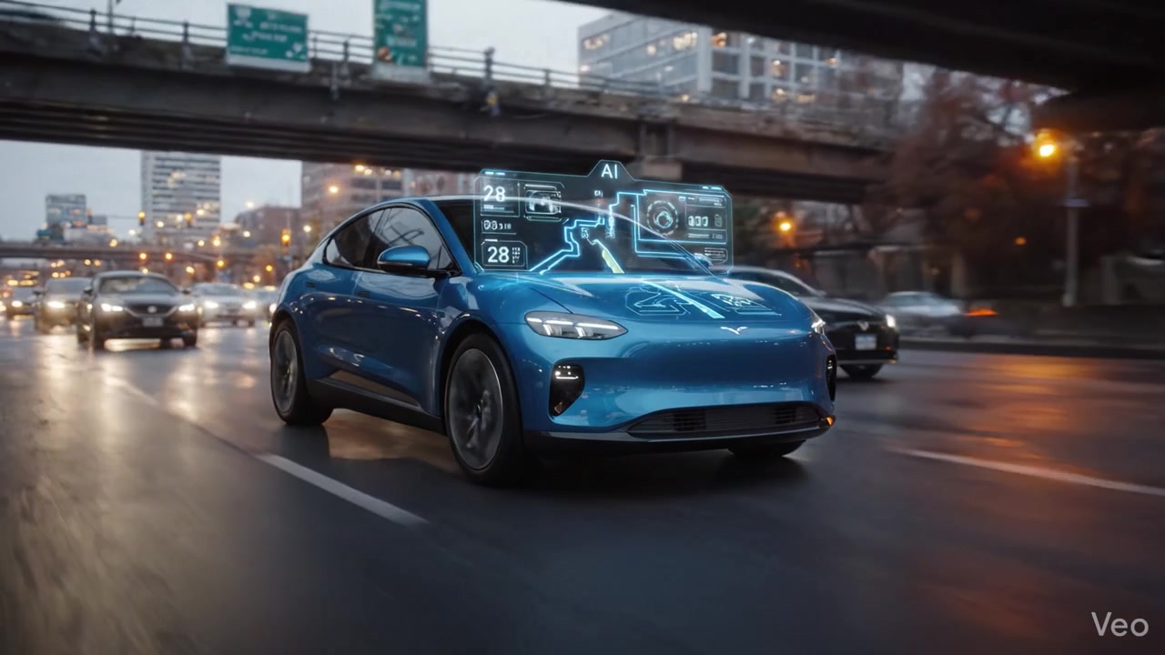 Un'auto elettrica blu futuristica naviga attraverso una città vivace, mettendo in mostra la tecnologia AI avanzata e i dati in tempo reale sull'interfaccia del suo cruscotto digitale.