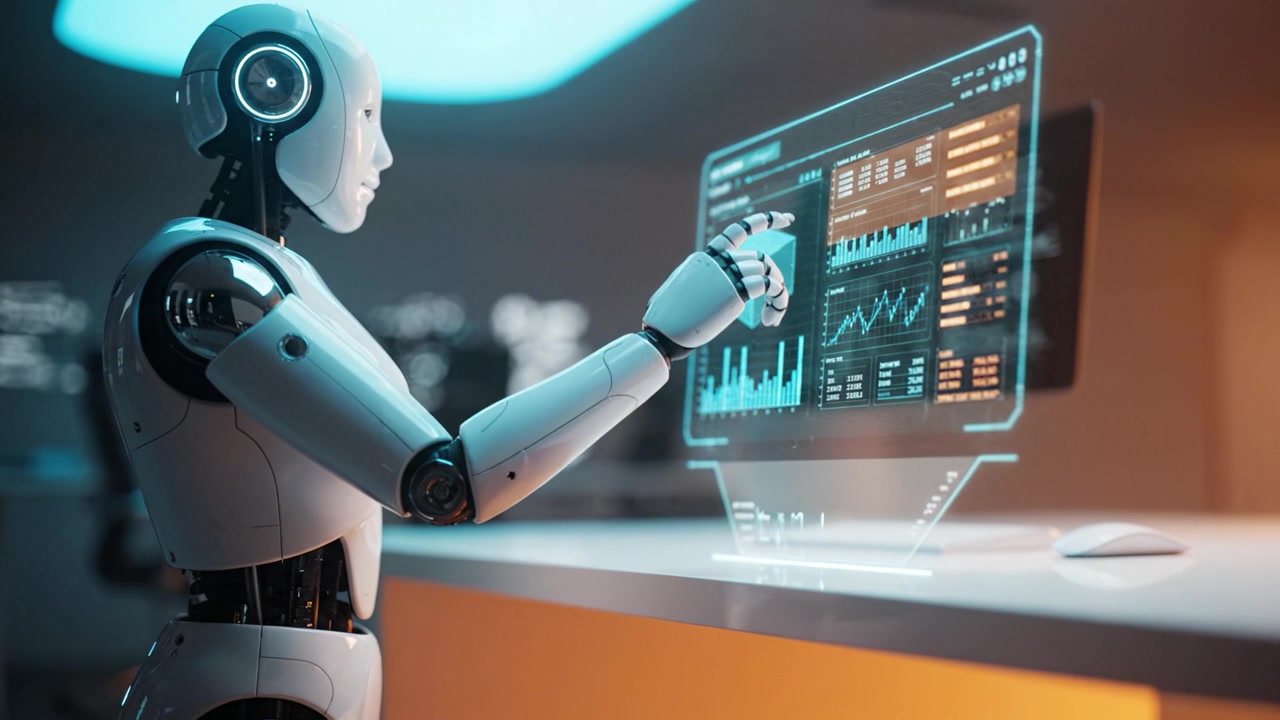 A futuristic humanoid robot analyzes data on a transparent screen, showcasing advanced technology and artificial intelligence in a modern workspace environment.