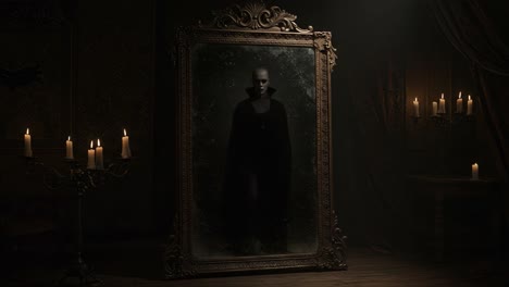 a mysterious reflection: shadows and candlelight in an enigmatic room with an ornate mirror portal to the unknown, evoking a sense of dark intrigue and suspense