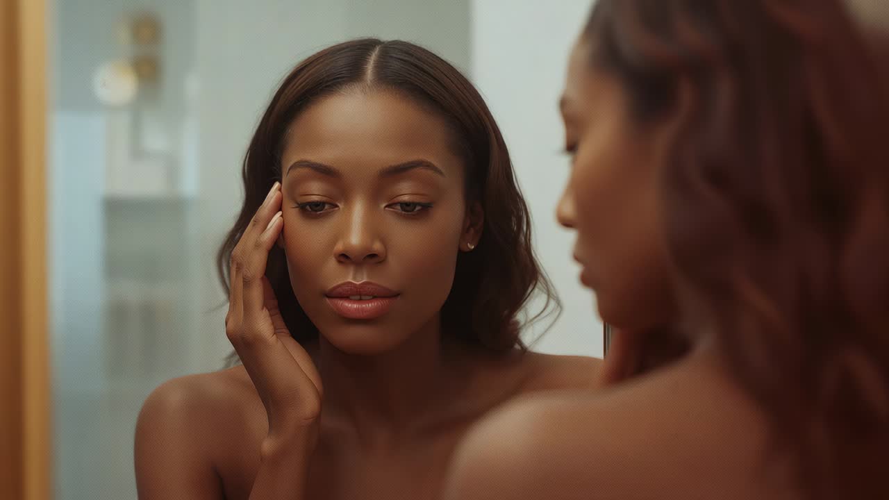 Seeing reflection, strapless woman checking face while touching and massaging jaw at vanity mirror