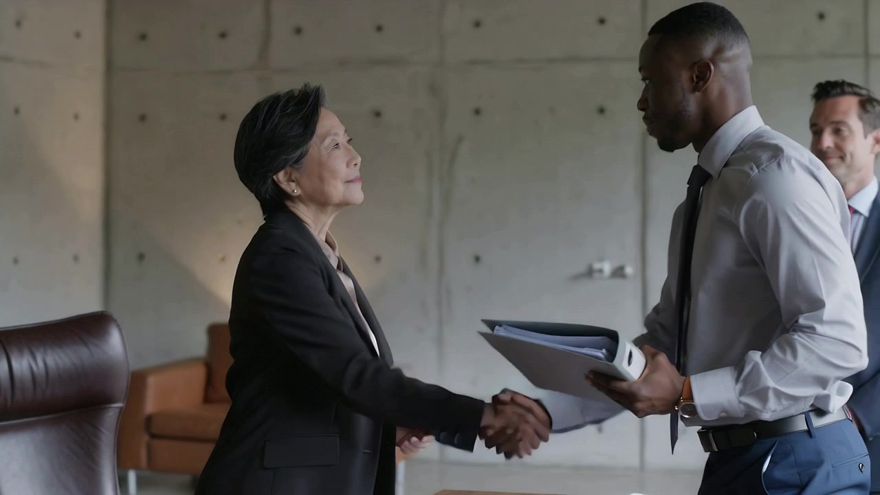Offering suit-clad Asian woman handing binder, shaking hands with peer in meeting room closing deal