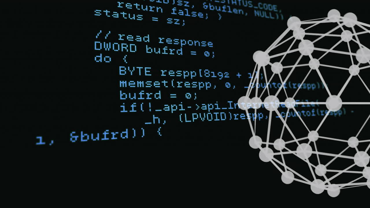 Animation of moving shapes and data processing on black background