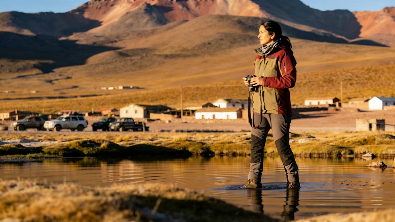Lifting bins, woman brown jacket scanning plain, picking DSLR, wading pond shooting view