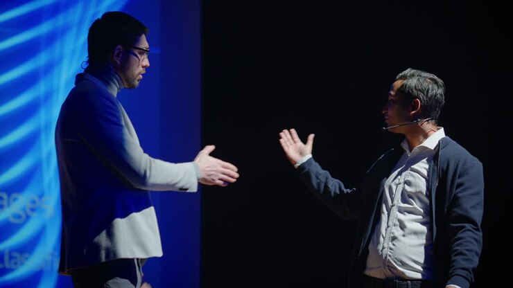 Startup CEO and Chief Developer Get on Stage and Present New Product. Speakers Lead Lecture on Business, Science, Technology, Entrepreneurship, Health, Ecology, Leadership and all Things Digital