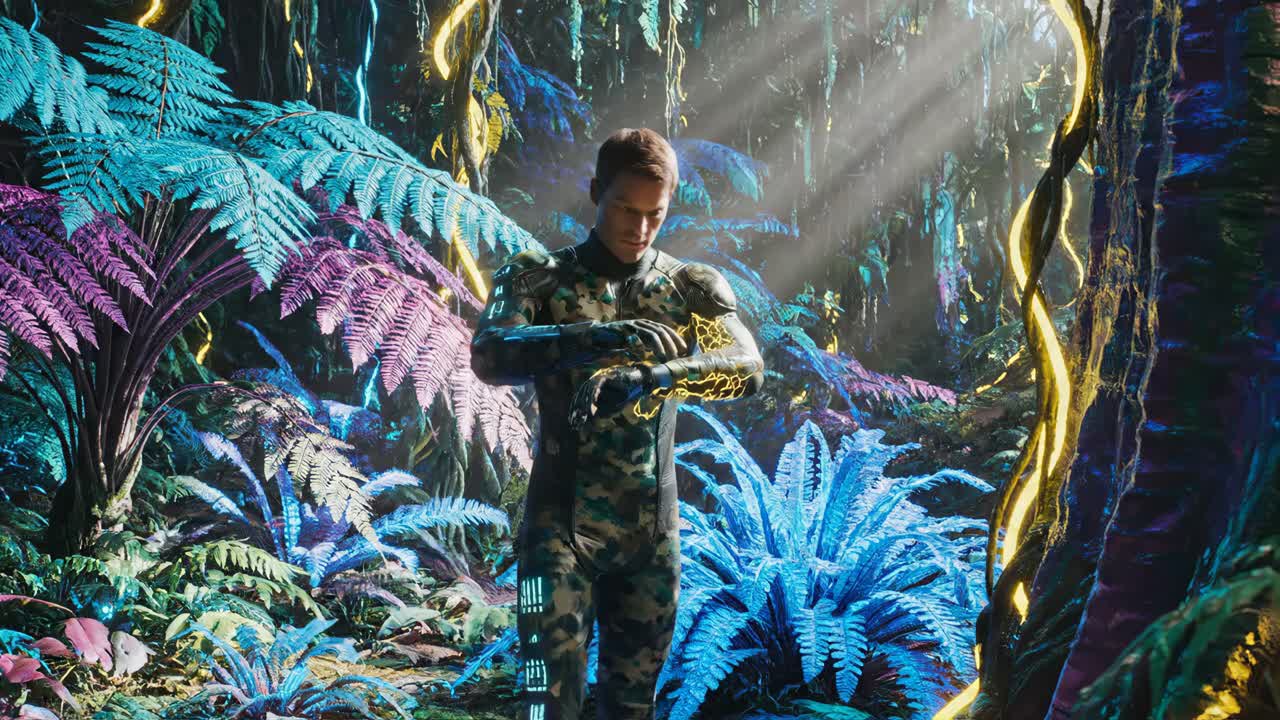 Man in Futuristic Camouflage Suit in Artificial Environment