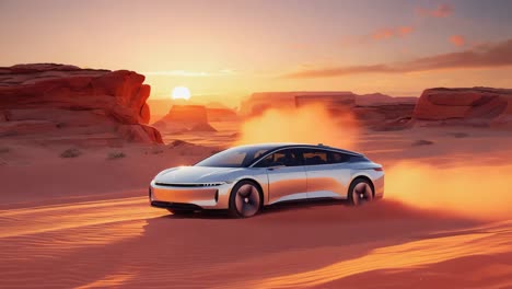 Futuristic Car Driving Through Desert at Sunset