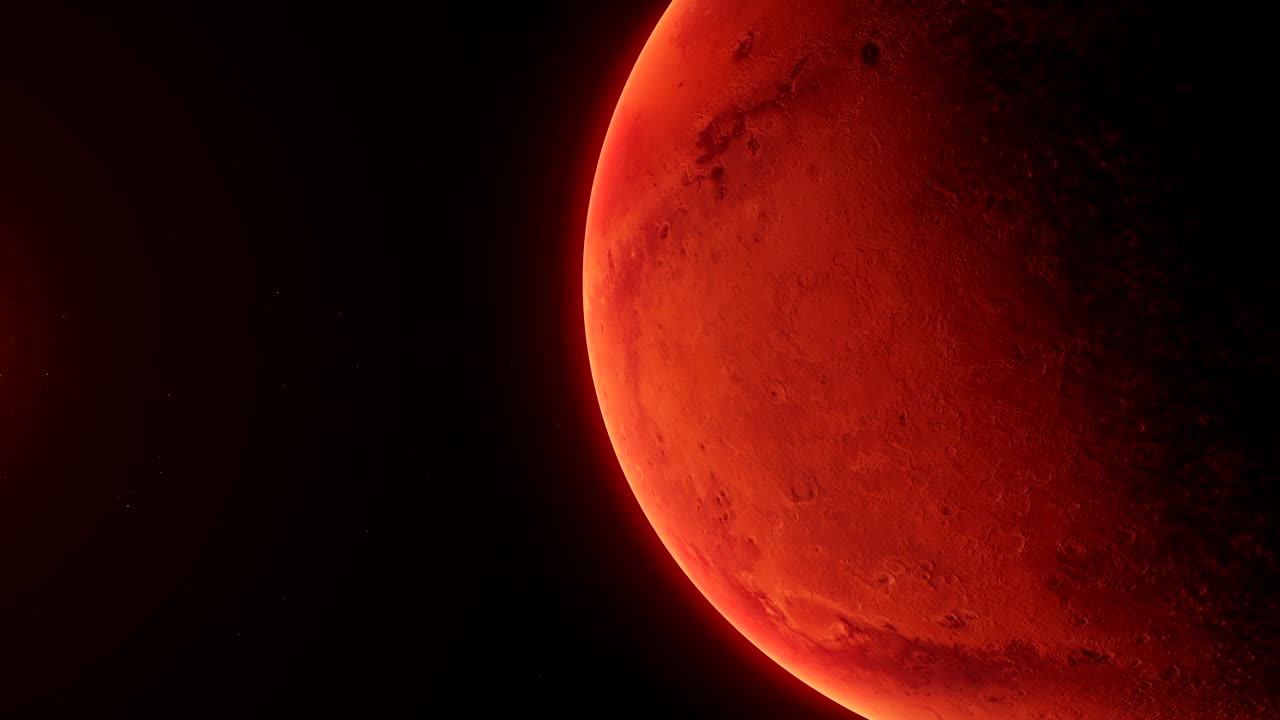 Realistic planet Mars rotating in deep space. Seamless loop digital background.
