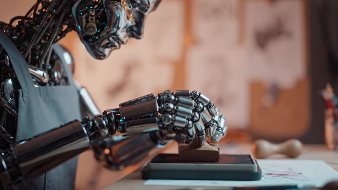En robotfigur, der omhyggeligt skaber kunst ved at stemple en træblok, og som viser sammensmeltningen af teknologi og kreativitet i en slående visualisering.