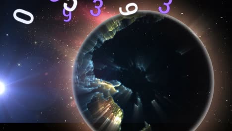 Animation-Von-Sich-ändernden-Zahlen-Und-Einem-Sich-Drehenden-Globus-über-Leuchtendem-Licht-Im-Hintergrund