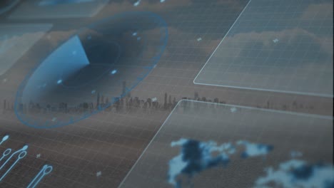 Animation-of-interface-with-data-processing-against-aerial-view-of-cityscape