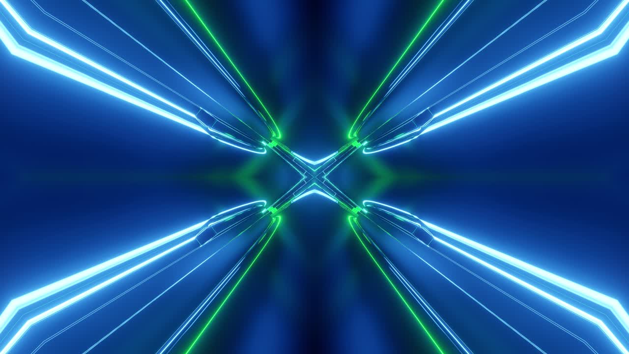 transformatore di tunnel sci-fi con luci al neon. tunnel ad alta tecnologia astratto a anello 4k. la telecamera vola attraverso il tunnel. sfondi in stile cyberpunk o futuro ad alta tecnologia. blu-verde 4