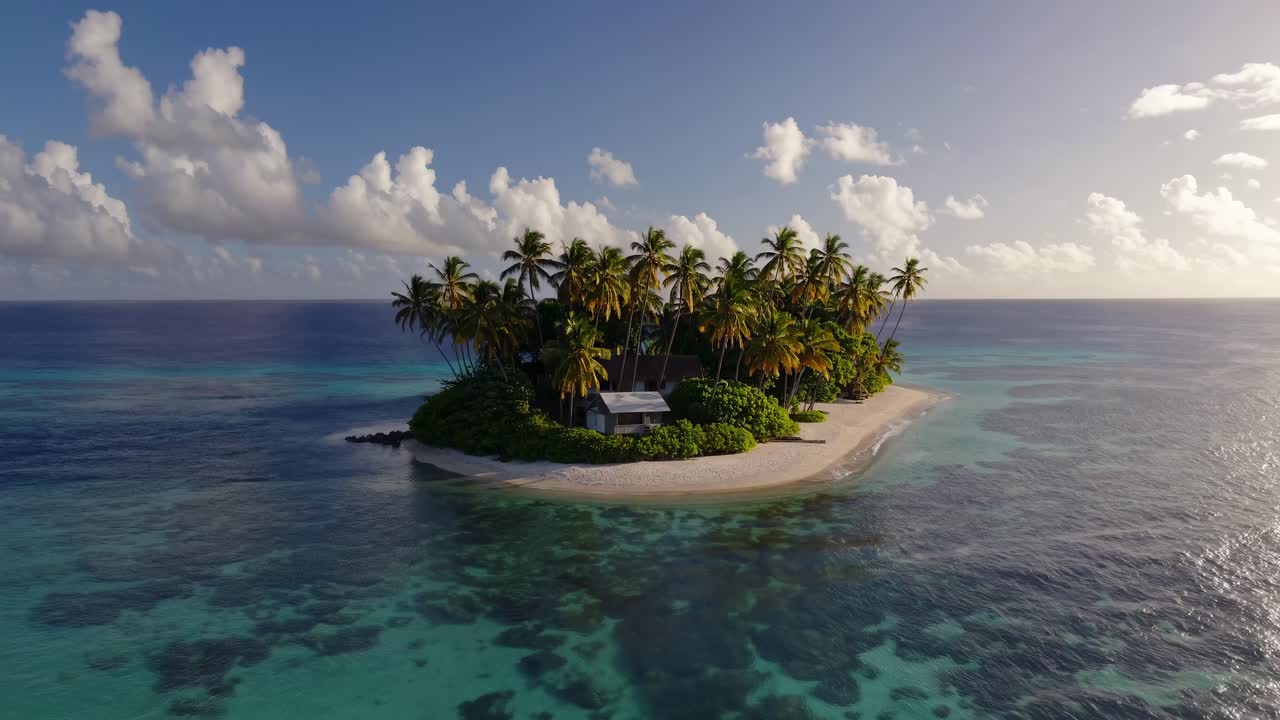 Aerial view capturing a small tropical island with lush palm trees, a charming hut, and a pristine white sand beach surrounded by crystal clear turquoise waters under a bright blue sky