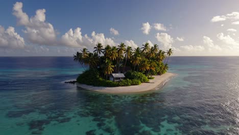 aerial view capturing a small tropical island with lush palm trees, a charming hut, and a pristine white sand beach surrounded by crystal clear turquoise waters under a bright blue sky