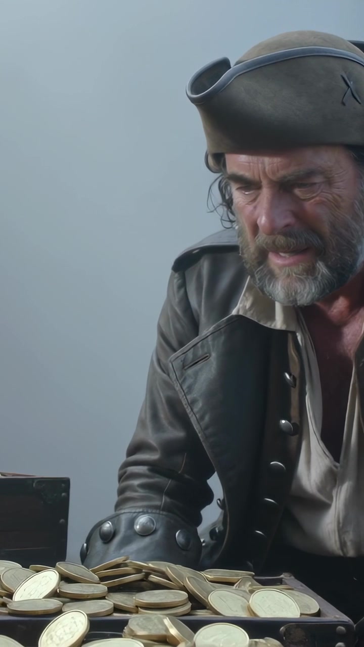 Video verticale: Pirata con cappello a tricorno che nota monete d'oro, si china e studia un mucchio e un forziere sul set.