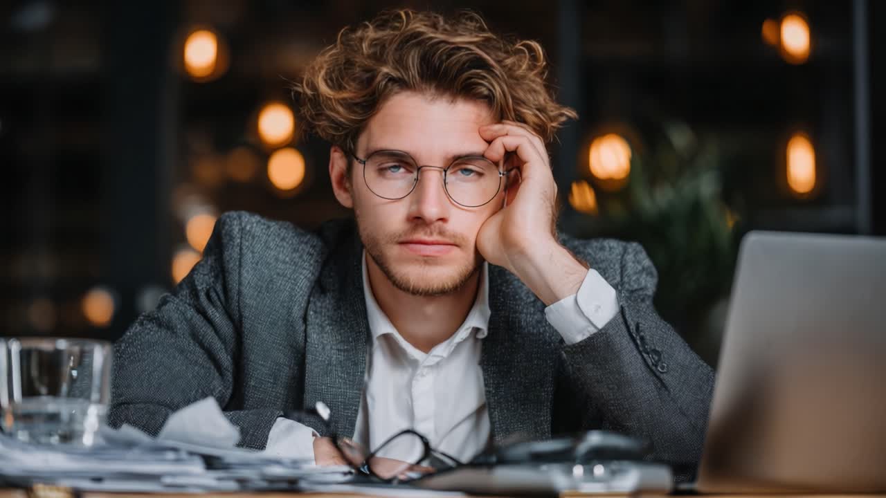 Frustration and Focus: A Young Professional Contemplates Challenges in a Modern Work Environment Amidst a Background of Soft Lighting and Papers