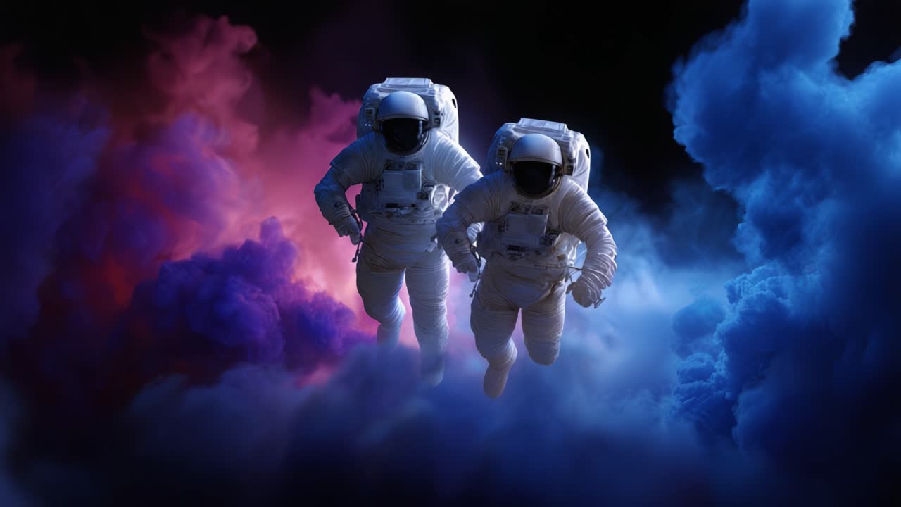 Dos astronautas flotan a través de vibrantes nubes cósmicas, mostrando la maravilla de la exploración espacial contra un telón de fondo de nebulosas coloridas y arremolinadas.