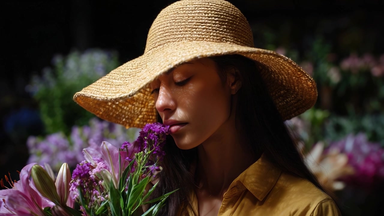 Un momento sereno catturato: una donna con un cappello di paglia si gode il profumo dei fiori, abbracciando la bellezza della natura e i colori vivaci che la circondano.