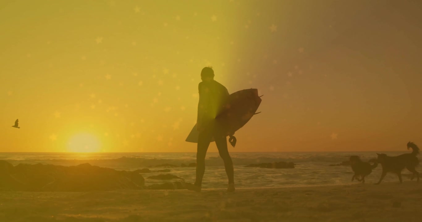 Annuncio sportivo che mostra un surfista che si avvia sulla spiaggia con la tavola, dirigendosi verso l'oceano per fare surf, con cani al trotto.